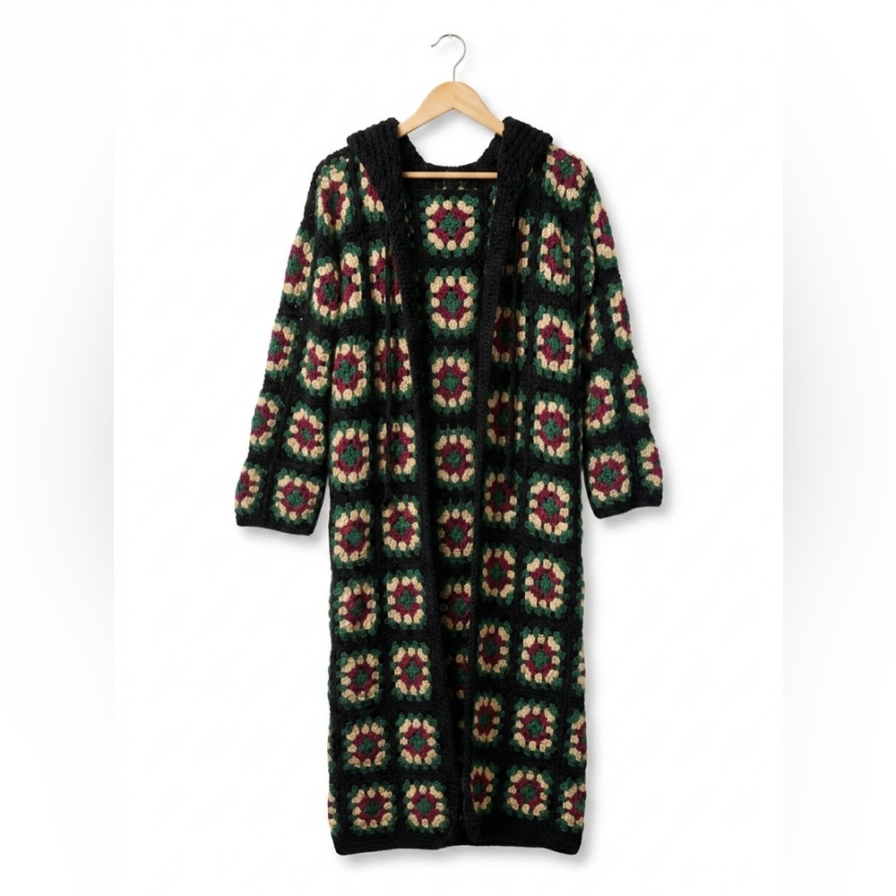 Handmade Granny Square Crochet Patchwork Hooded Duster Long Cardigan Boho OS